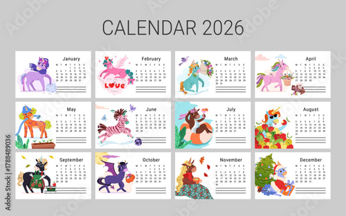 Horizontal calendar for 2026 featuring charming horse. Monthly fantasy unicorn. Each scene shows unique mood for every season. Week starts on Monday. Vector flat illustration.