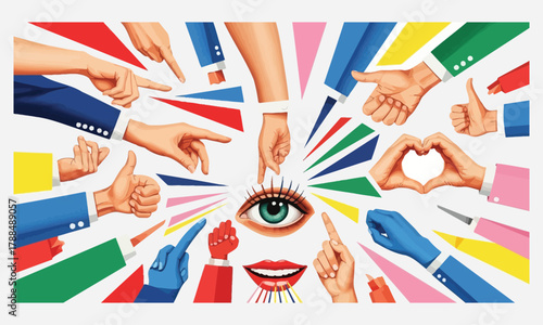 Eye of Perception Surrounded by Gesturing Hands Illustration
