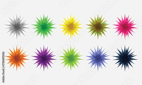 Colorful abstract starburst shapes with sharp points, representing bursts of energy or impact, in a variety of vibrant hues, set against a neutral background