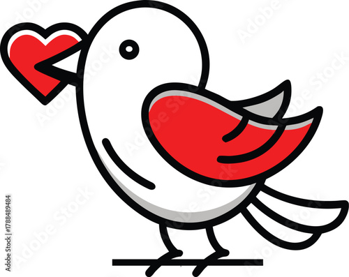 Simple bird carrying a red heart on its beak isolated on white background
