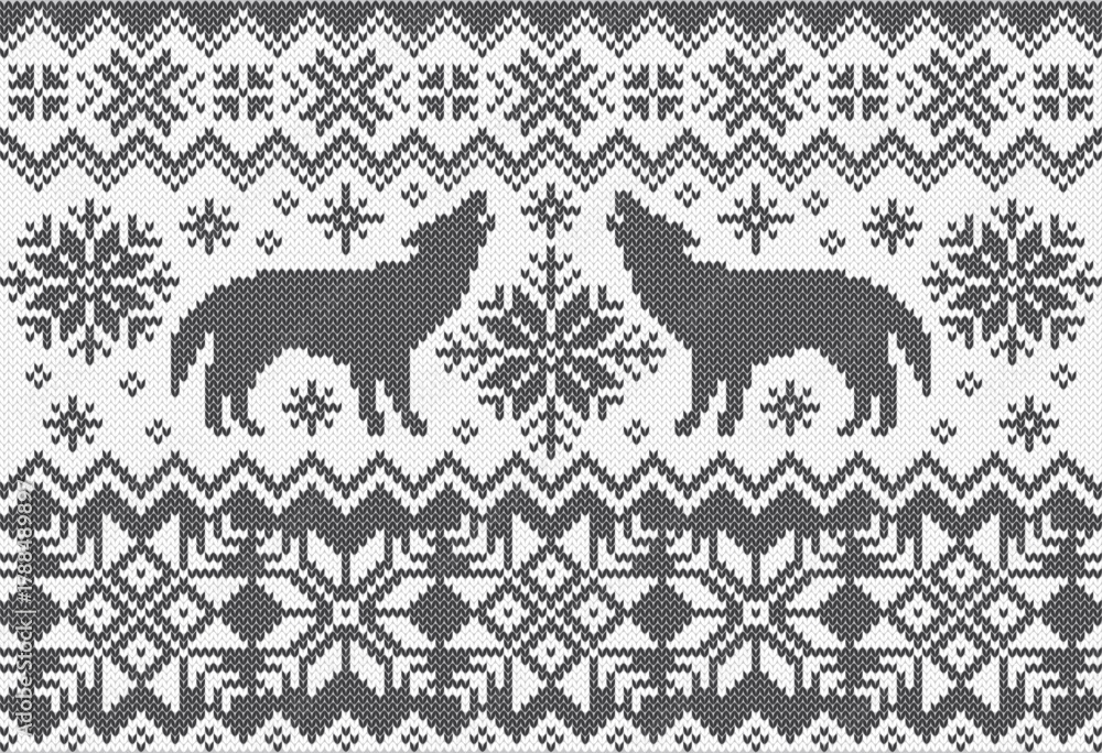 Naklejka premium Wolf jacquard knitted pattern for ugly sweater design. Vector illustration.