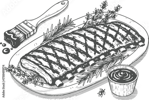 Handdrawn illustration of grilled pork ribs with barbecue sauce and brush