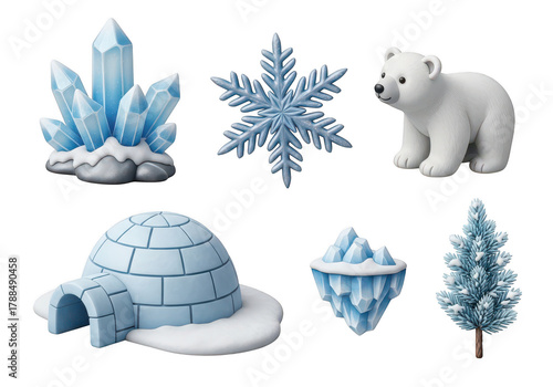 3d icon of winter and christmas elements like ice, snow, and polar bear