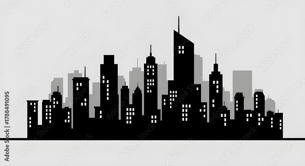 Obraz premium Urban skyline silhouette with high-rise towers and modern architectural structures