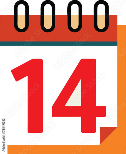 Calendar page showing the number 14 isolated on white background