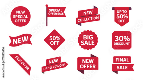 Collection of red sale stickers with various discounts, including 50%, 30%, and 20% off, for advertising and promotion
