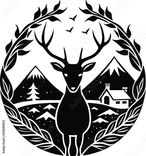 Deer in Nature's Embrace An artistic representation of a deer framed by foliage mountains and a cozy home inviting viewers to explore themes of nature and wildlife.
