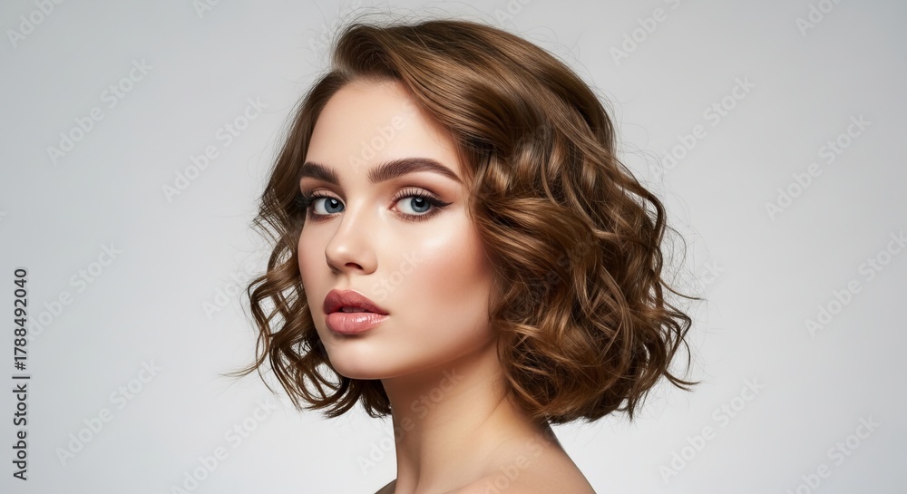 Fototapeta premium Portrait of a beautiful woman with wavy brown hair and blue eyes looking at the camera against a neutral background in a beauty and fashion style shot