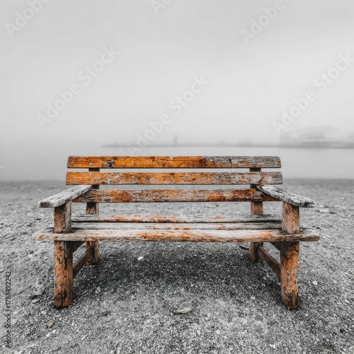 Empty weathered bench on a misty shore