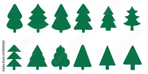 Solid green christmas trees vector bundle, flat geometric pine tree collection