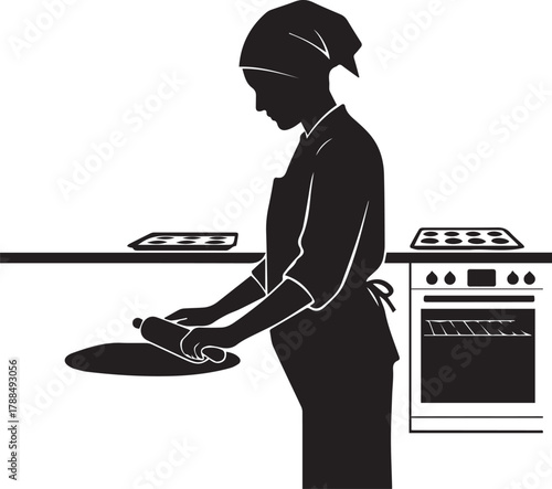Silhouette of a woman in an apron preparing dough with a rolling pin in a kitchen scene