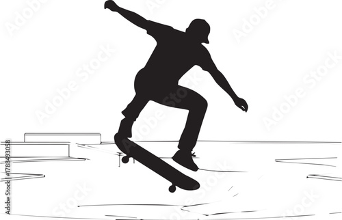 Dynamic silhouette of skateboarder performing aerial trick in skatepark environment
