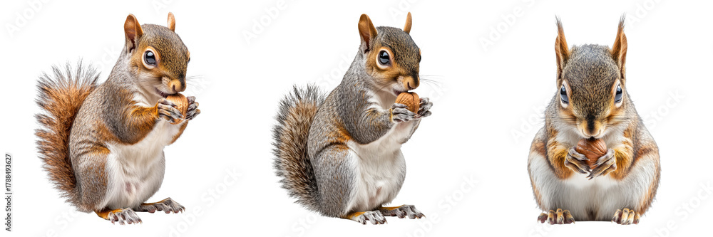Fototapeta premium Three cute squirrels in different poses, each holding a nut and enjoying it