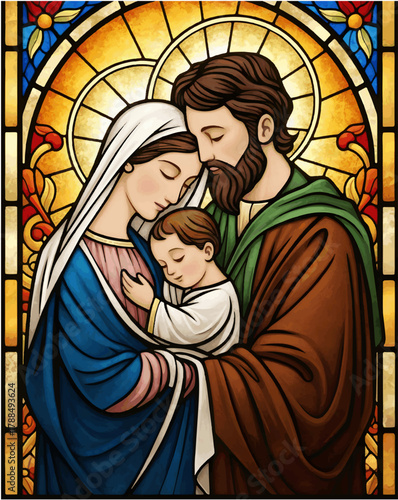 Holy Family Stained Glass Illustration with Jesus Mary and Joseph in Warm Light Religious Christian Artwork Sacred Family Icon Design