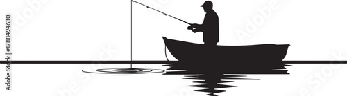 Silhouette of a person fishing from a small boat on calm water at sunrise or sunset