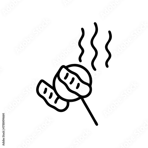 Outline drawing of a skewer with meat and smoke on transparent background