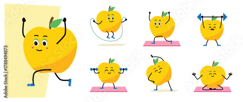  character meditate in yoga pose. Outdoor sports. Cartoon, Happy apple.