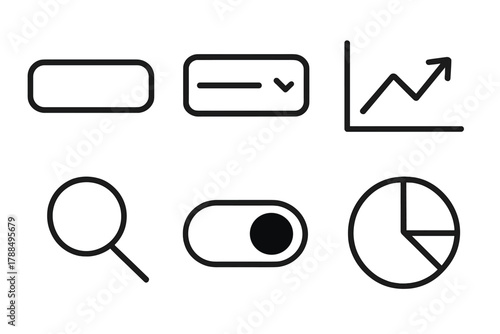 Interactive Icon Set. Interactive Modules linear icon set: button, dropdown, graph, magnifier, toggle, pie slice.
