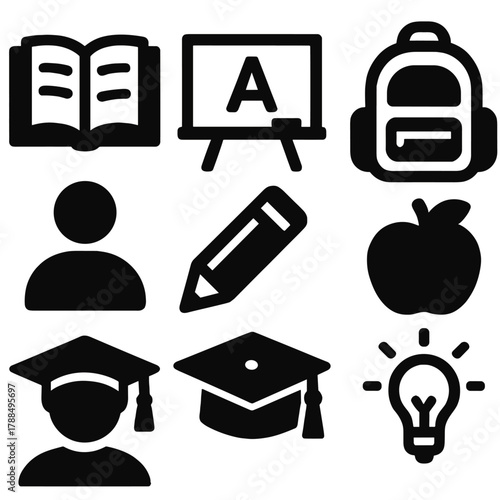Bold Education Icons. Education & Tutoring silhouette icon set: open book, chalkboard, pencil, backpack, student icon, graduation cap, apple, lightbulb idea.