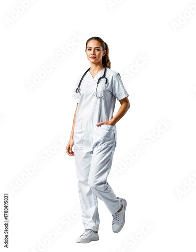 Young female doctor wearing scrubs and stethoscope isolated on transparent background