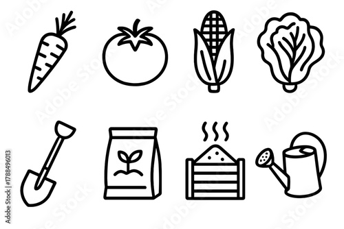Organic Garden Icons. Organic Crop Rotation linear icon set: carrot, tomato, corn, lettuce, shovel, seed bag, compost bin, watering can.