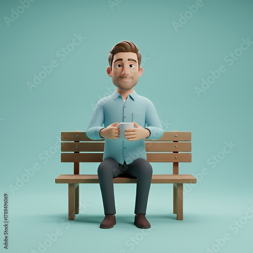 Finding solace a man sits pensively on a park bench enjoying a quiet moment with coffee rendered 3D