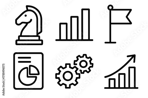 Strategic Planning Icons. Strategy roadmap linear icon set: chess knight, bar chart, flag, document chart, gears, growth arrow.