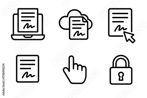 Digital Contract Icons. Digital contract linear icon set: laptop, cloud, signature, document, cursor pointer, lock.