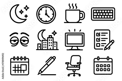 Overtime Office Icons. Night Shift Overtime linear icon set: moon, stars, clock, coffee steam, keyboard, tired eyes, night skyline, screen glow, task list, pen, desk chair, late