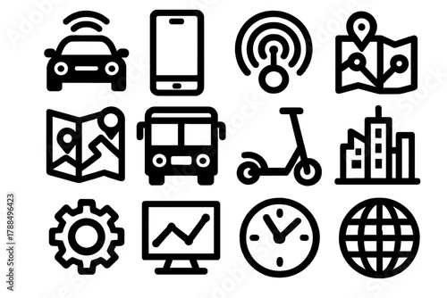Smart Transport Icons. Smart Transport silhouette icon set: autonomous car, smartphone, GPS signal, route map, bus, electric scooter, gear, data chart, city skyline, plug, clock,