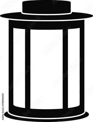 Stylized black silhouette icon of a vintage outdoor lantern with a wide brimmed top, isolated vector graphic