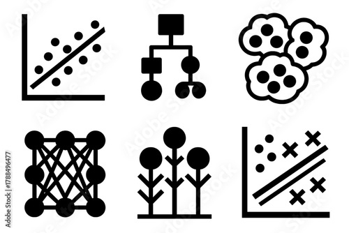 Bold ML Icons. Machine Learning Models silhouette icon set: regression line, decision tree, clustering diagram, neural net, random forest, support vector.