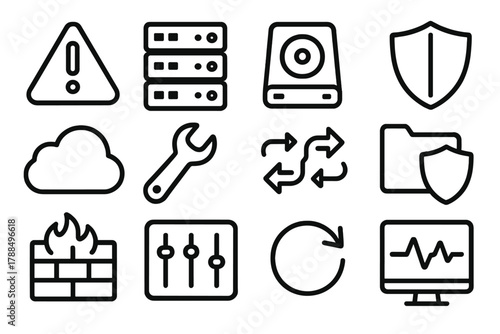 Disaster Recovery Icons. Disaster Recovery linear icon set: alert triangle, server rack, backup drive, shield icon, cloud storage, repair wrench, data flow, secure folder, firewall