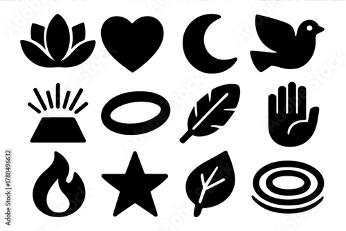 Spiritual Icons Collection. Spiritual Connection silhouette icon set: lotus flower, heart, moon, dove, light beam, aura ring, feather, hand, flame, star, leaf, water ripple. , .