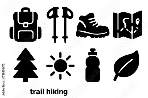 Brutalist Hiking Icons. Trail Hiking Icons silhouette icon set: backpack, hiking poles, shoes, map, tree, sun, water bottle, leaf.