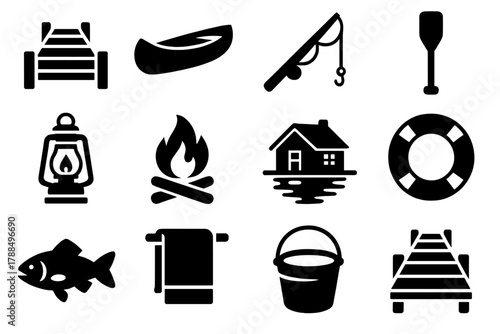 Lakeside Cabin Icons. Lakeside Cabin silhouette icon set: dock, canoe, fishing rod, oar, lantern, campfire, cabin reflection, lifebuoy, fish, towel, bucket, wooden pier.