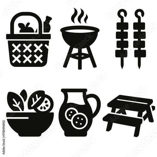 Brutalist Picnic Icons. Outdoor Feast silhouette icon set: picnic basket, grill setup, barbecue skewers, fresh salad, lemonade jug, wooden table.