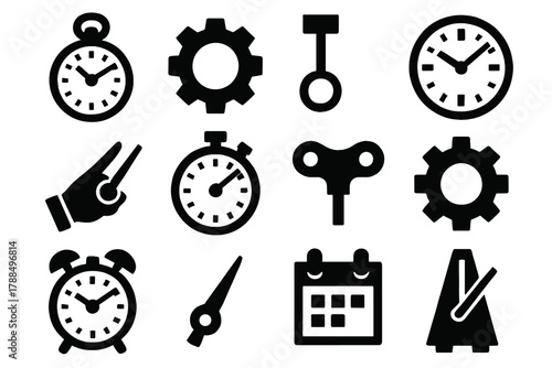 Brutalist Time Icons. Mechanical Time silhouette icon set: pocket watch, gear, pendulum, clock face, hand dial, stopwatch, winding key, cog, alarm, second hand, calendar, metronome