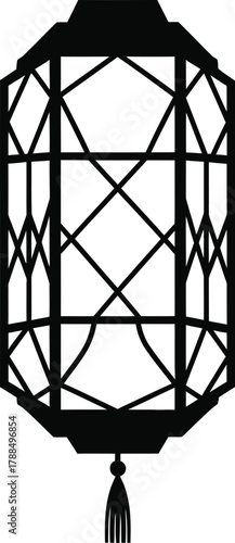Ornate traditional east asian lantern silhouette with geometric patterns and tassel for decoration.