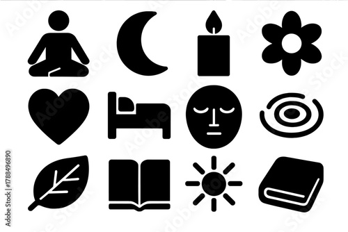 Brutalist Mindful Rest Icons. Mindful Rest silhouette icon set: yoga pose, moon, candle, flower, heart, bed, calm face, water ripple, leaf, book, sun, blanket.