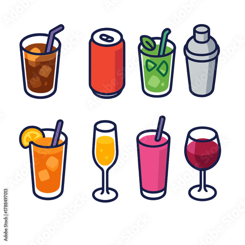 Vibrant Drink Icons. Cool Drinks Icons modern flat icons set: cold brew glass, soda can, mojito cup, cocktail shaker, iced tea, champagne flute, smoothie glass, wine goblet