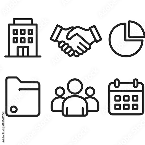 Business Essentials Icons. Corporate client relations linear icon set: building, handshake, pie chart, document folder, group of people, calendar.