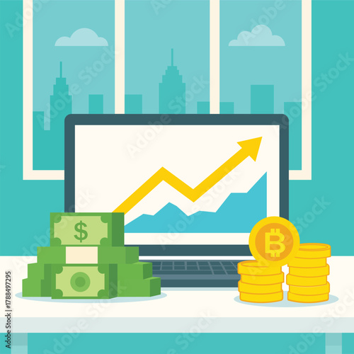 Flat vector illustration  reflecting capital enhancement and economic success.