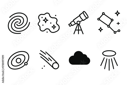 Cosmic Outlines. Distant Galaxies linear icon set: spiral galaxy, nebula, telescope, constellation, orbit, comet, dark cloud, beam ray.