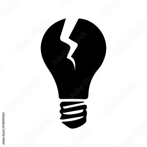 Broken light bulb black silhouette isolated on white or transparent background, vector illustration.