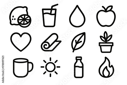 Healthy Lifestyle Icons. Body Cleanse linear icon set: lemon, smoothie, water droplet, apple, heart, yoga mat, leaf, plant, cup, sun, bottle, flame.