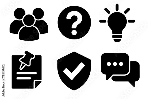 Brutalist Forum Icons. Community Forums silhouette icon set: user group, help icon, idea light bulb, pinned post, moderator badge, comment thread.