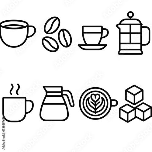 Coffee Icons Collection. Coffee Concept linear icon set: coffee cup, coffee beans, espresso shot, French press, steaming mug, coffee pot, latte art, sugar cubes.