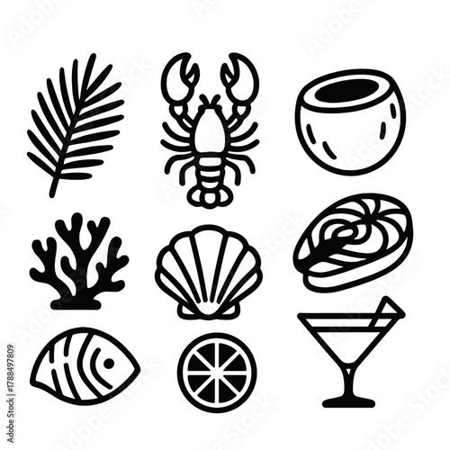 Tropical Seafood Icons. Tropical Seafood linear icon set: palm leaf, lobster, coconut shell, fish fillet, coral, seashell, lime slice, cocktail glass.
