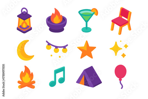 Vibrant Afterparty Icons. Outdoor Afterparty modern flat icons set: lantern, fire pit, drink glass, chair, moon, string lights, star, sparkle, bonfire, music note, tent, balloon.